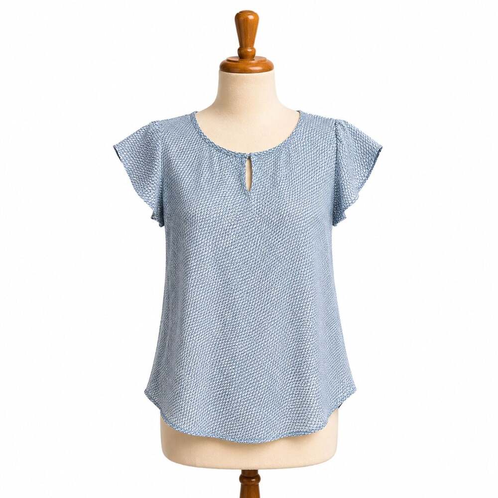 Joie Silk Blouse Medium Blue Geo Print Flutter Sleeve Keyhole Back 100% Silk